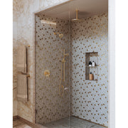 Product view | Unlacquered Brass Wall-Mounted Bathroom Sink Faucet Trim installed in a finished bathroom