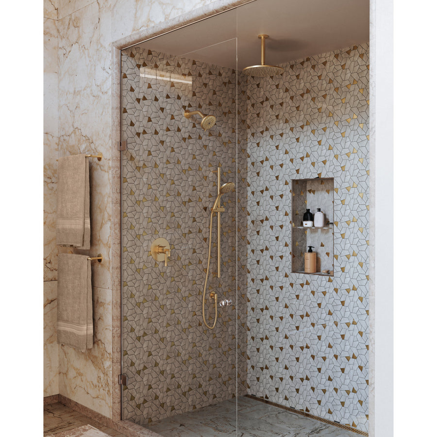 Product view | Unlacquered Brass Wall-Mounted Bathroom Sink Faucet Trim installed in a finished bathroom