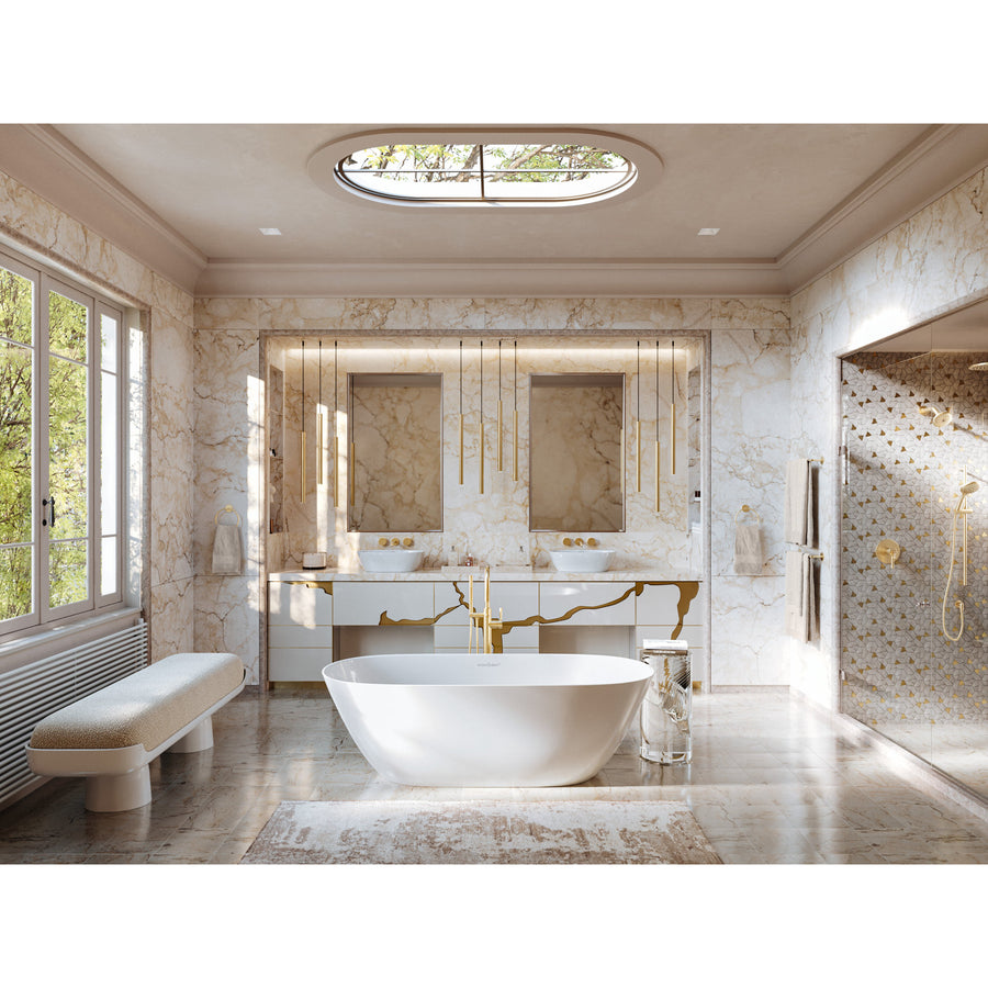 Product view | Unlacquered Brass Wall-Mounted Bathroom Sink Faucet Trim installed in a finished bathroom