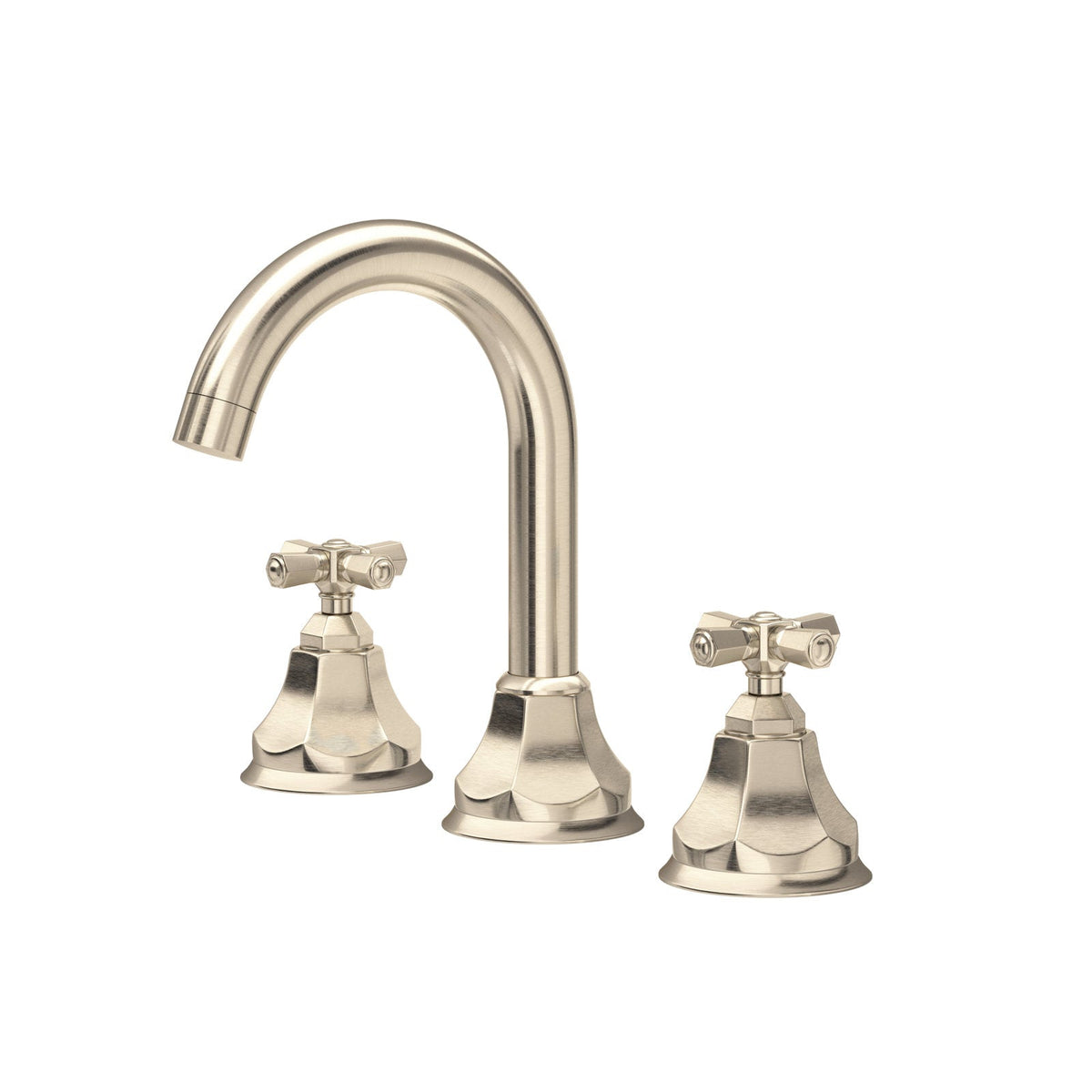 Hero | Complete Satin Nickel widespread lavatory faucet with C-spout on white