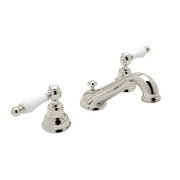 Hero | Complete Polished Nickel widespread faucet with curved C-spout and separate lever handles on white