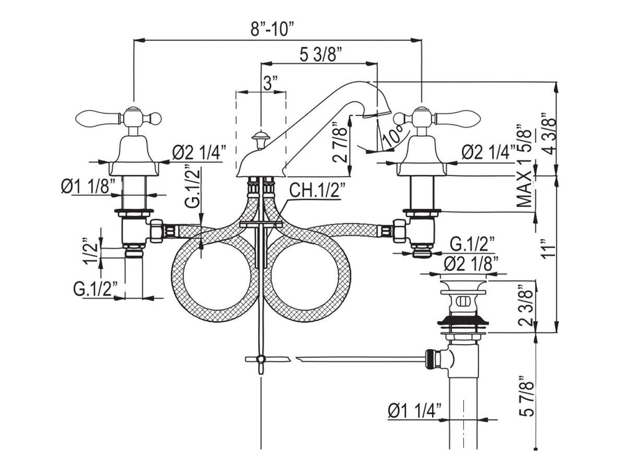 Specifications | Rough-in and dimensions diagram for the Polished Nickel widespread faucet