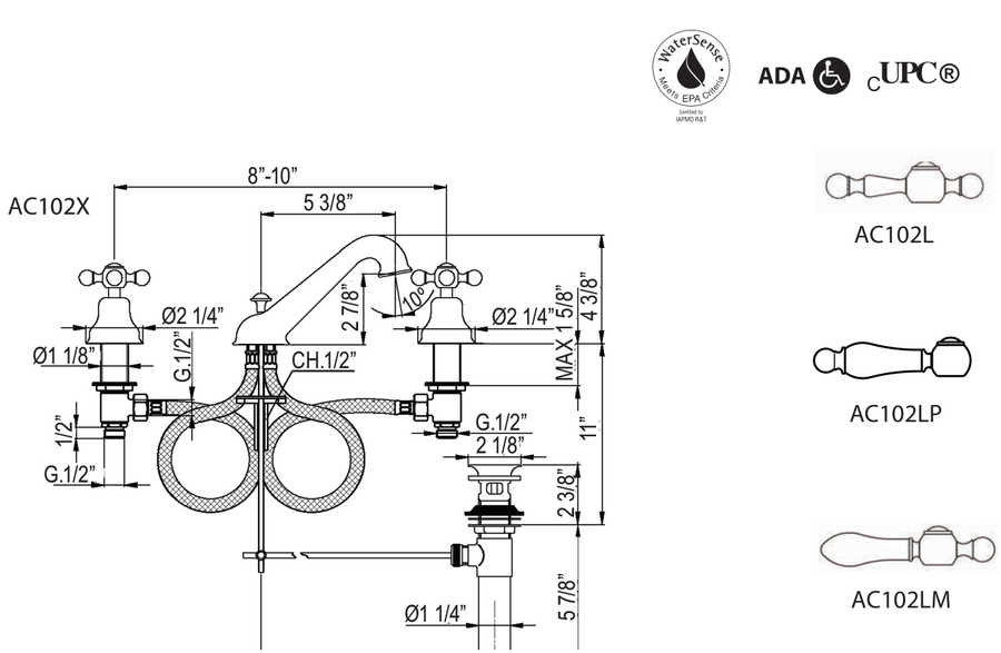 Dimensions | Polished Nickel Widespread Lavatory Faucet With C-Spout manufacturer specification drawing with dimensions