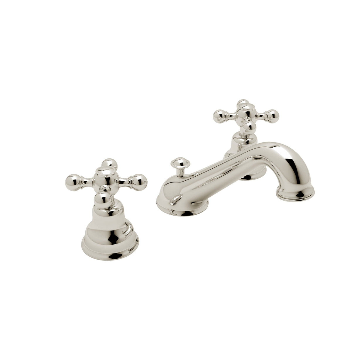 Hero | polished nickel widespread faucet with fixed C-spout and two cross handles on white