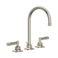 Product view | Complete three-piece Polished Nickel faucet with rounded C-spout and separate lever handles on white