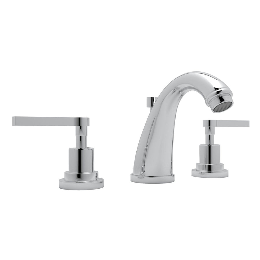 Front | polished chrome three-piece faucet shown from a second angle on white