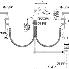 Dimensions | faucet drawing with spout, drain, and connection measurements