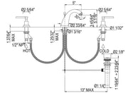 Dimensions | faucet drawing with spout, drain, and connection measurements