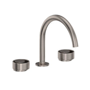 Hero | satin nickel widespread faucet with curved C-spout and two handles on white