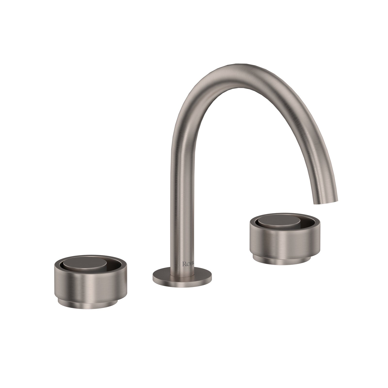 Hero | satin nickel widespread faucet with curved C-spout and two handles on white