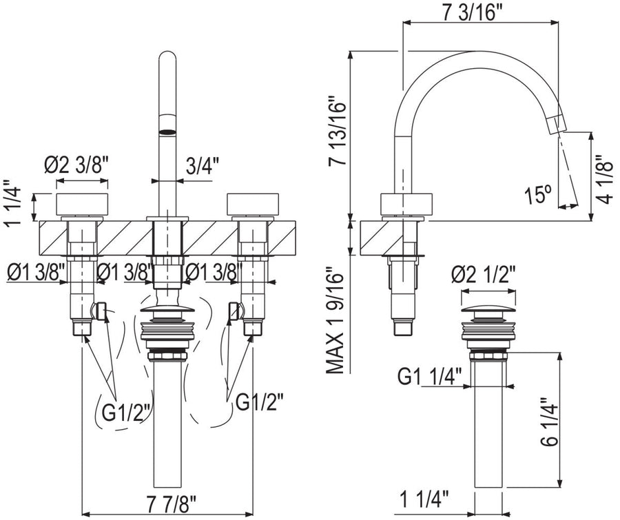 Dimensions | three-hole faucet drawing with 8 inch centers, 7.19 inch reach, and 4.13 inch height