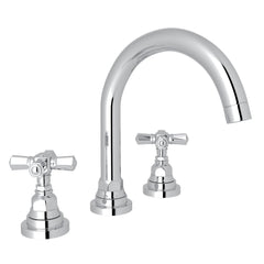 Hero | polished chrome widespread faucet with curved C-spout and cross handles on white