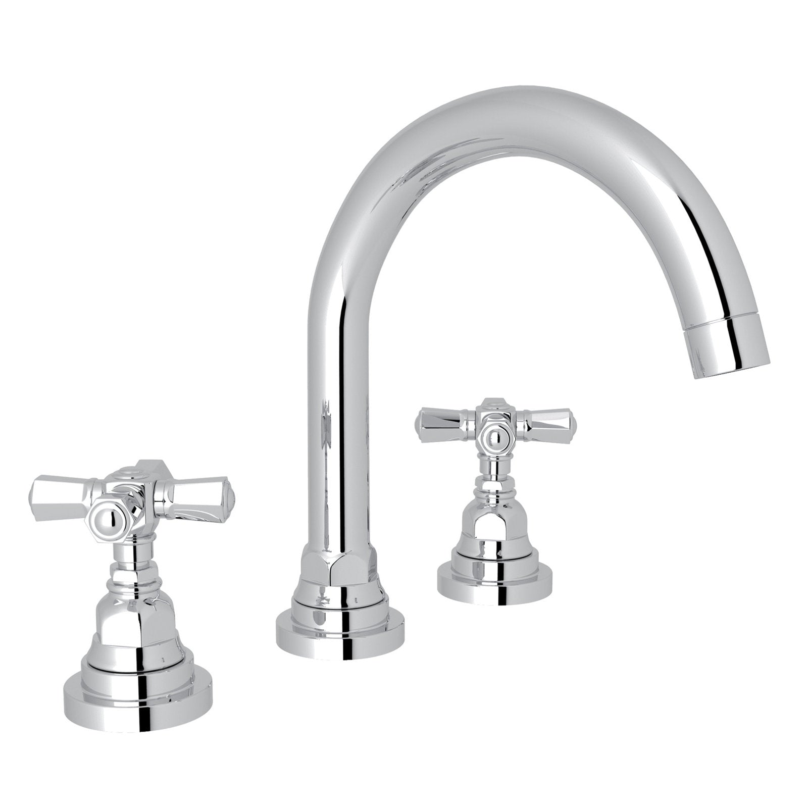Hero | polished chrome widespread faucet with curved C-spout and cross handles on white