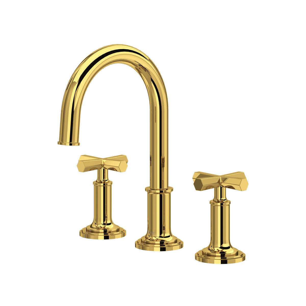Hero | Complete Unlacquered Brass widespread lavatory faucet with curved C-spout on white