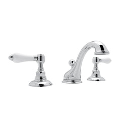Hero | Polished Chrome widespread faucet with a curved low spout and two handles on white