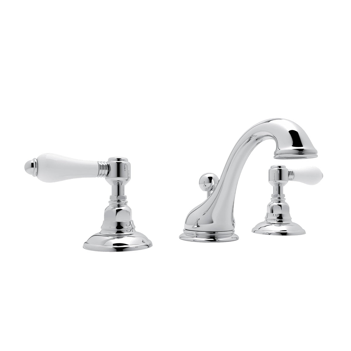 Hero | Polished Chrome widespread faucet with a curved low spout and two handles on white