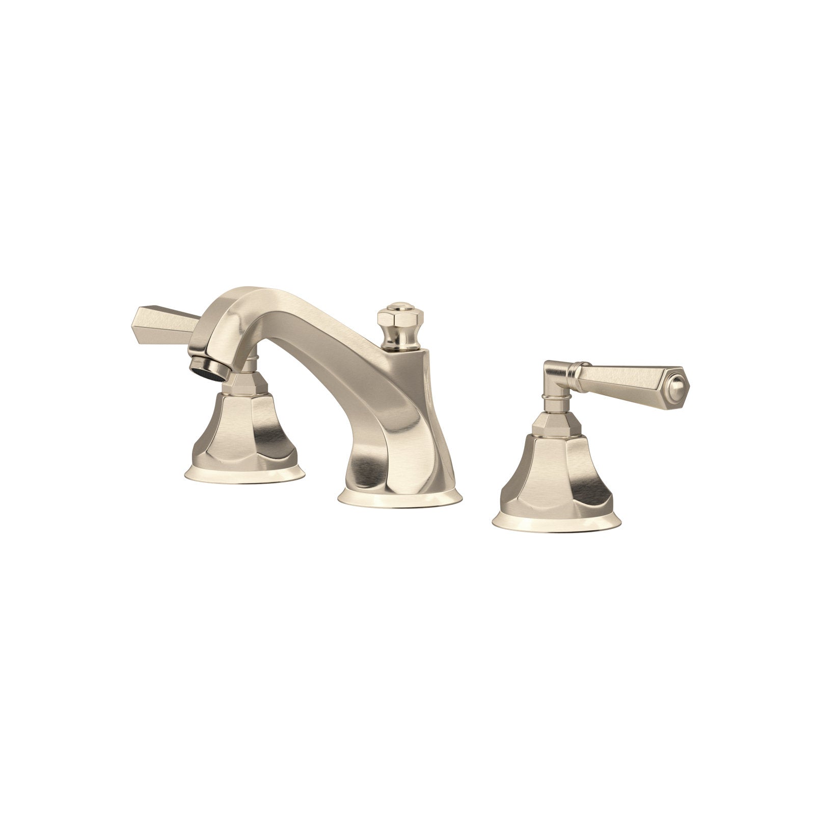 Hero | Satin Nickel widespread faucet with low fixed spout and two lever handles on white