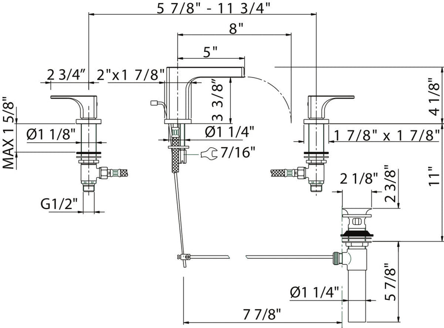 Dimensions | Faucet dimension drawing for the polished chrome widespread fixture