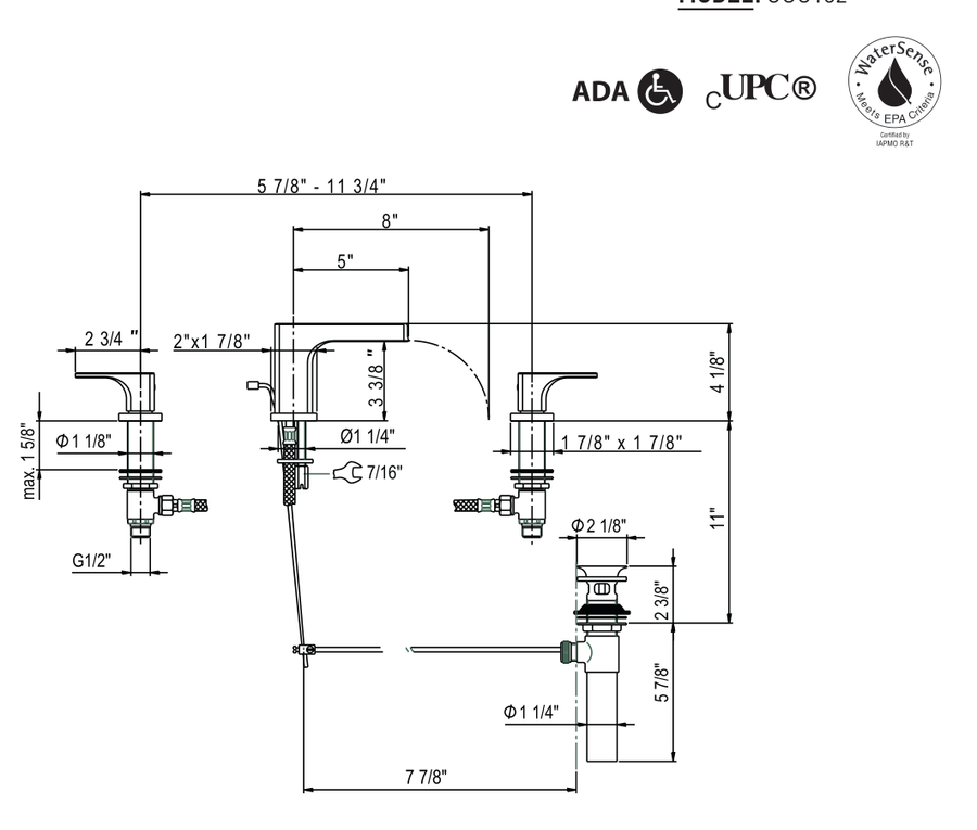 Dimensions | Polished Chrome Widespread Bathroom Sink Faucet With Trough manufacturer specification drawing with dimensions