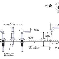 Dimensions | Widespread Lavatory Faucet With U-Spout in Polished Nickel manufacturer specification drawing with dimensions
