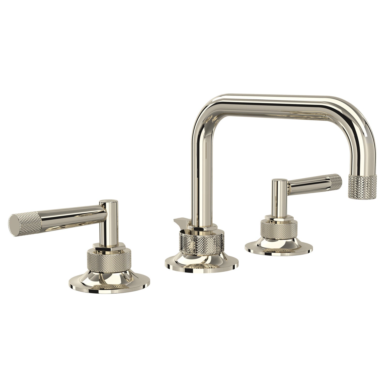 Hero | complete three-piece widespread lavatory faucet in polished nickel on white