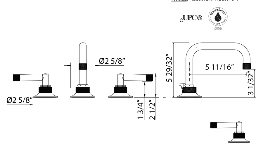 Dimensions | Widespread Lavatory Faucet With U-Spout manufacturer specification drawing with dimensions