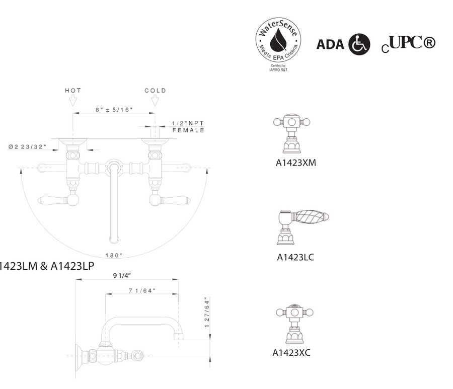 Dimensions | Two-Handle Wall-Mounted Faucet With U-Spout, Polished Chrome manufacturer specification drawing with dimensions