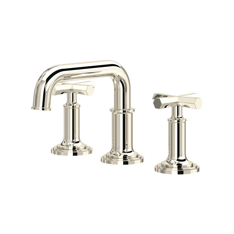 Hero | complete polished-nickel widespread faucet with U-spout and two cross handles on white