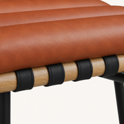 Detail | the white-oak-veneer dowel rail and black straps where they meet the seat