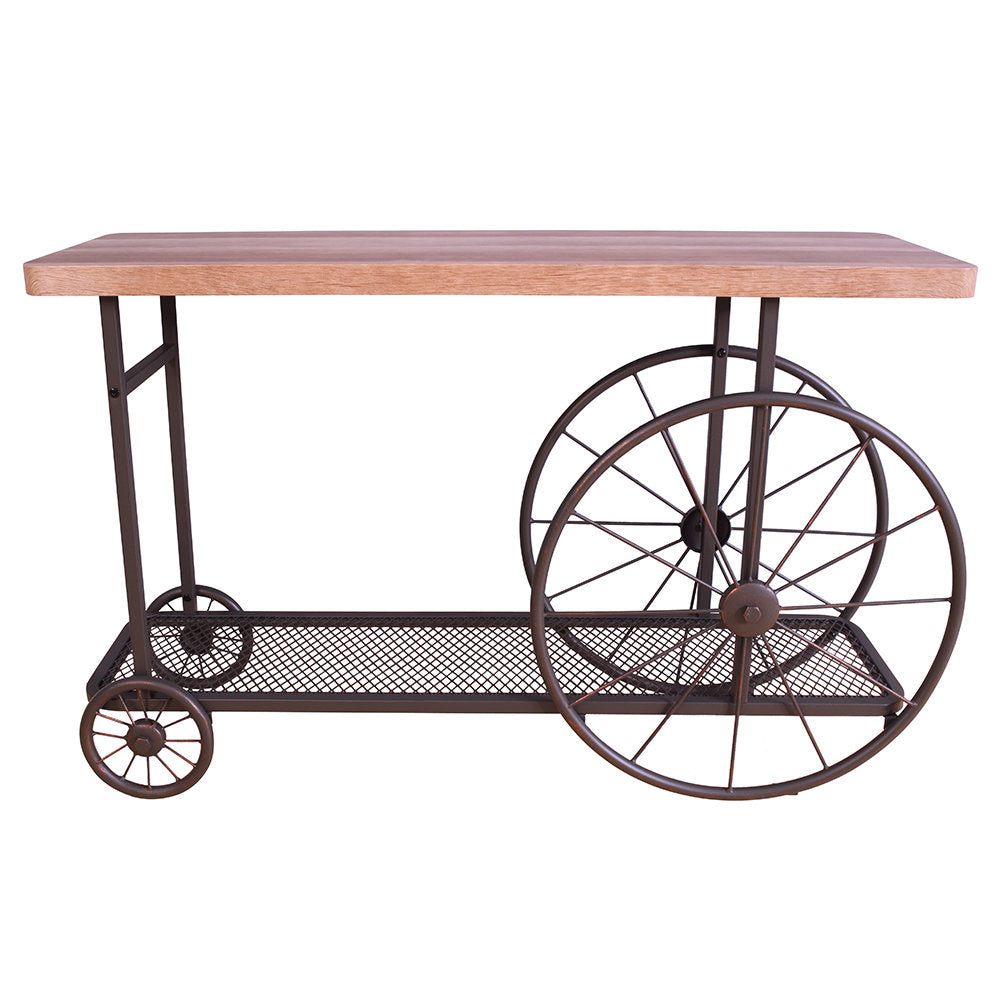 Rolling Occasional Table with Mesh Shelf, Oak Top and Antique Gray Metal Base