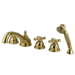 Roman Tub Faucet, Magellan, Three-Handle 5-Hole with Hand Shower in Polished Brass