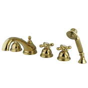 Roman Tub Faucet, Magellan, Three-Handle 5-Hole with Hand Shower in Polished Brass