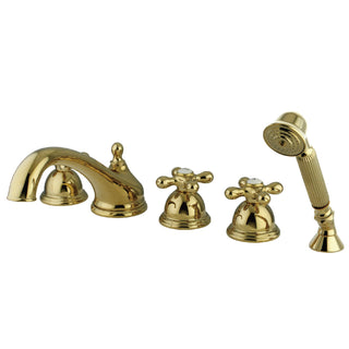 Roman Tub Faucet, Magellan, Three-Handle 5-Hole with Hand Shower in Polished Brass
