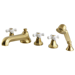 Roman Tub Faucet, Tulare, Three-Handle with Hand Shower in Brushed Brass