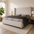 Room 2 angle | Same bright bedroom from the corner, morning light across the wool rug
