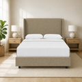 Room 2 | Front view in a bright white bedroom with oak nightstands and a fiddle leaf fig