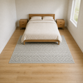 Bedroom | the rug at the foot of a bed, light gray and white geometric pattern