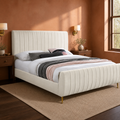 Room 3 angle | Clay bedroom from the corner, walnut nightstands and dark plank flooring