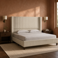 Room 3 angle | Clay bedroom from the corner, walnut nightstands and dark plank flooring