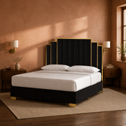 Room 3 angle | Clay bedroom from the corner, walnut nightstands and dark plank flooring