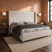 Room 3 angle | Clay bedroom from the corner, walnut nightstands and dark plank flooring