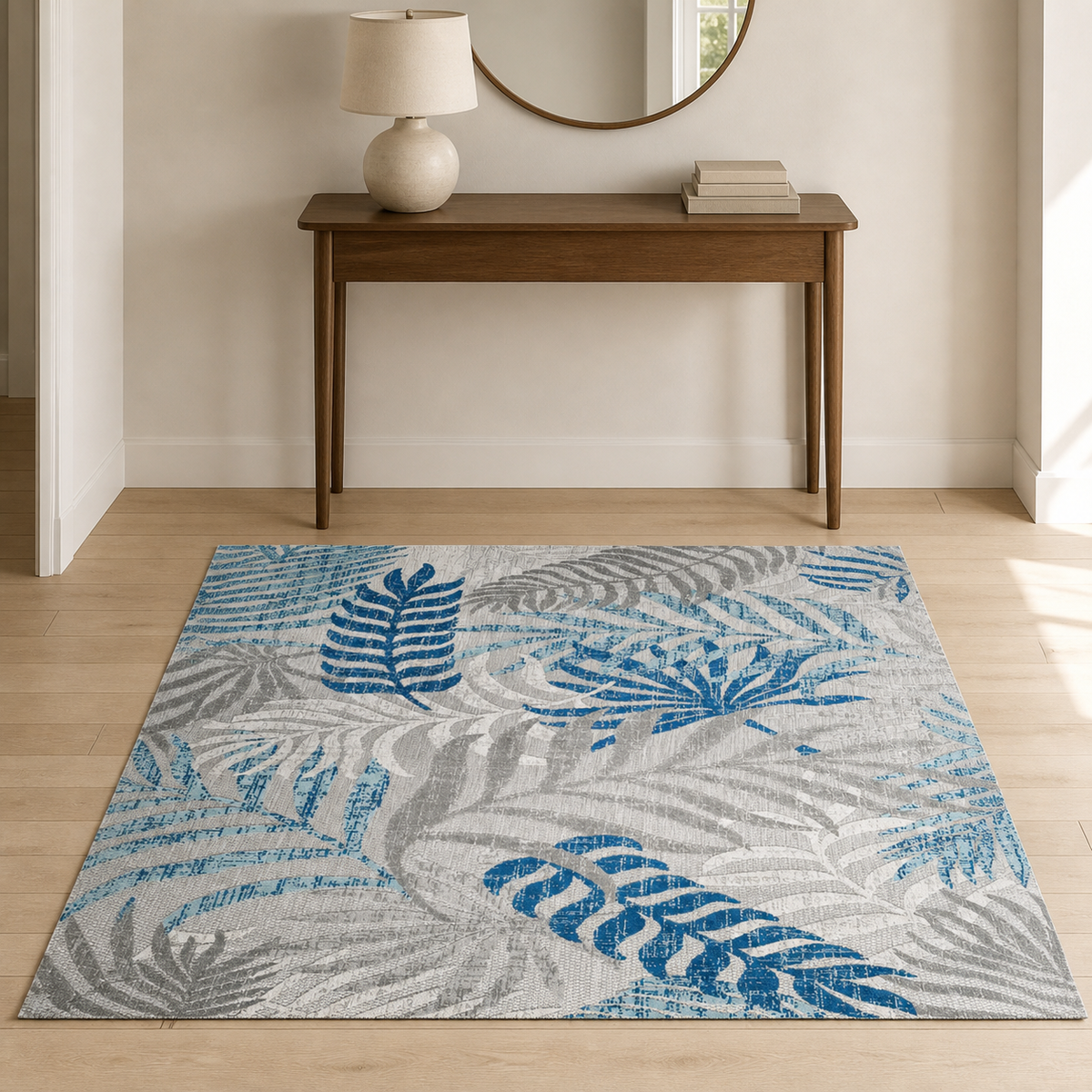 Area Rug, 8'8" x 12' Rectangle, Gray and Blue Palm Frond Polypropylene