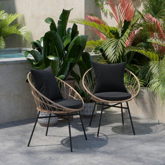 Rope Chairs, Set of 2, Brown Steel Frames with Black Cushions