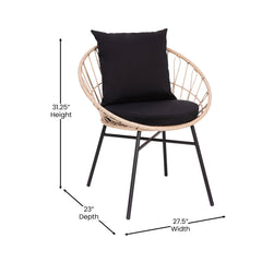 Rope Chairs, Set of 2, Brown Steel Frames with Black Cushions