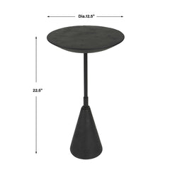 Round Accent Table, Black Stone Top with Black Steel Pedestal Base