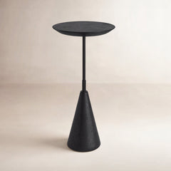 Round Accent Table, Black Stone Top with Black Steel Pedestal Base