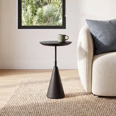 Round Accent Table, Black Stone Top with Black Steel Pedestal Base