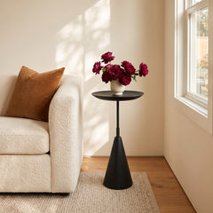 Round Accent Table, Black Stone Top with Black Steel Pedestal Base