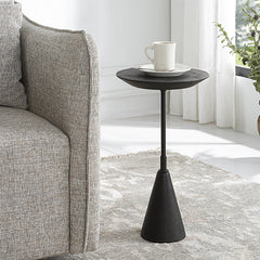 Round Accent Table, Black Stone Top with Black Steel Pedestal Base