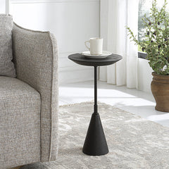 Round Accent Table, Black Stone Top with Black Steel Pedestal Base